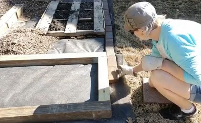 upcycle pallets to build an almost free vegetable and herb garden bed, Line Border and Walkway with Bricks