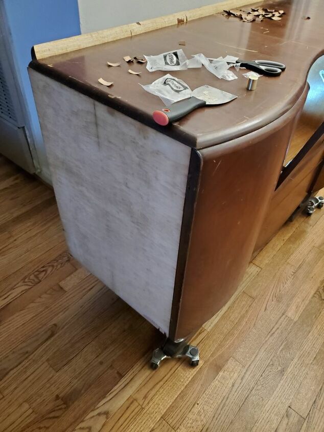 art deco drinks cabinet upcycle, Veneer off
