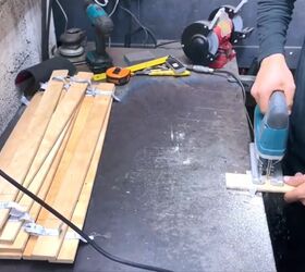 amazing upcycle how to make an outdoor lounge chair from bed slats, Cutting wood I took from a bed frame