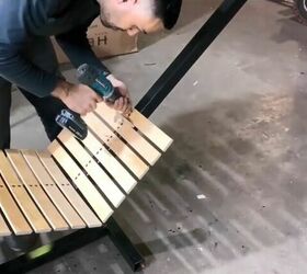 amazing upcycle how to make an outdoor lounge chair from bed slats, Attach wood slats to frame