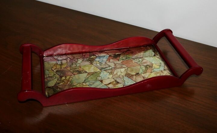 makeover of 2 serving trays with paper and resin