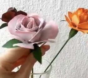 how to make a rose from a cardboard tube recycled toilet paper roll, Attach Leaves to Roses