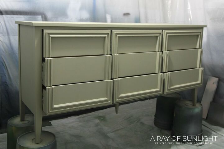 green painted dresser with reclaimed wood top