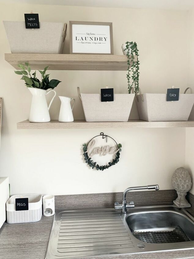utility room shelves and baskets