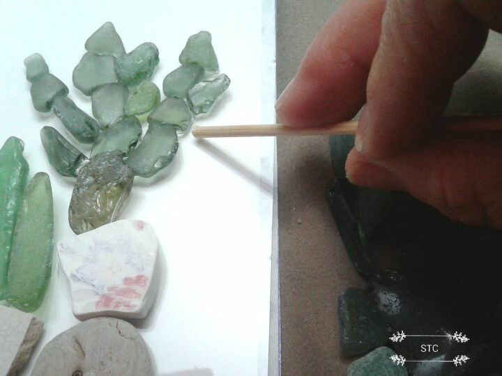 succulent artwork made from seaglass, Creating the Greenery