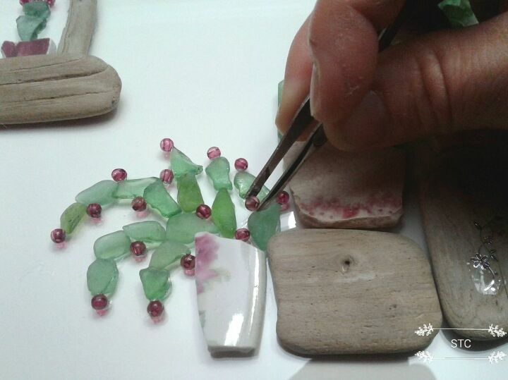 succulent artwork made from seaglass, Adding Blooms