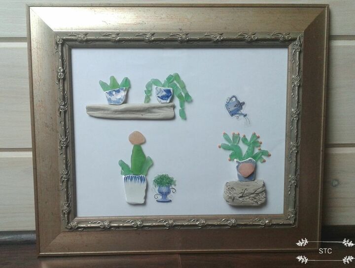 succulent artwork made from seaglass, Blue Orange Combination