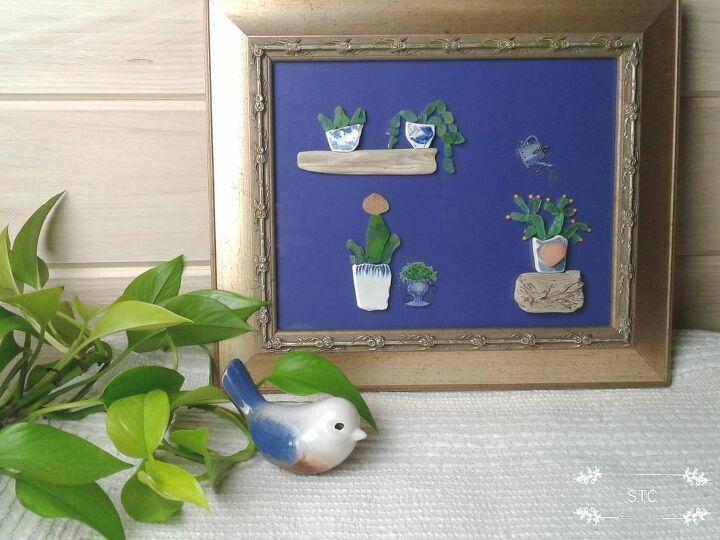 succulent artwork made from seaglass, Blue Background Added