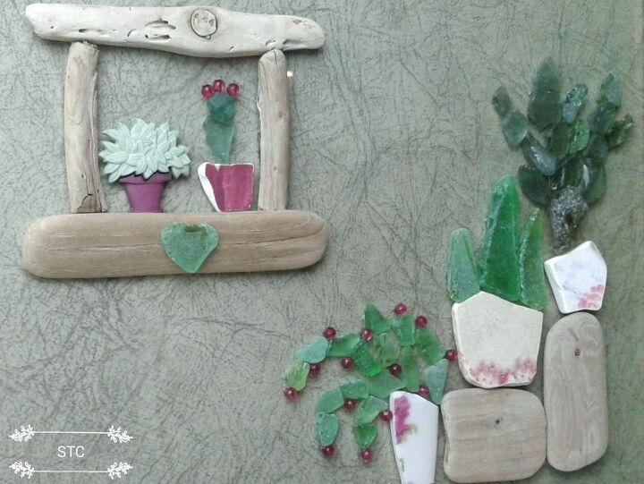 succulent artwork made from seaglass, Closeup of Green Wine Setting