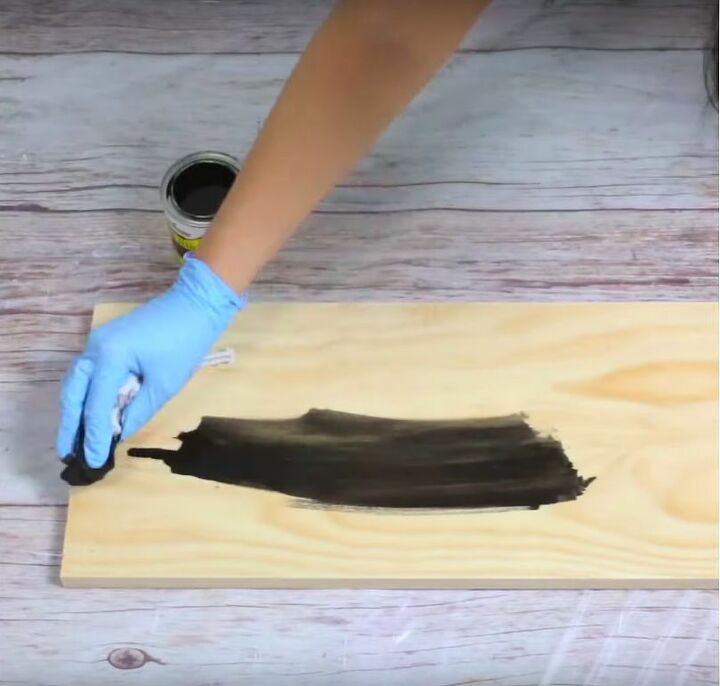 how to build a hula hoop shelf a stylish storage solution, Measure and Stain the Wooden Board