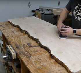 how to make a live edge maple slab cabinet counter, Sand