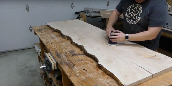 how to make a live edge maple slab cabinet counter, Sand