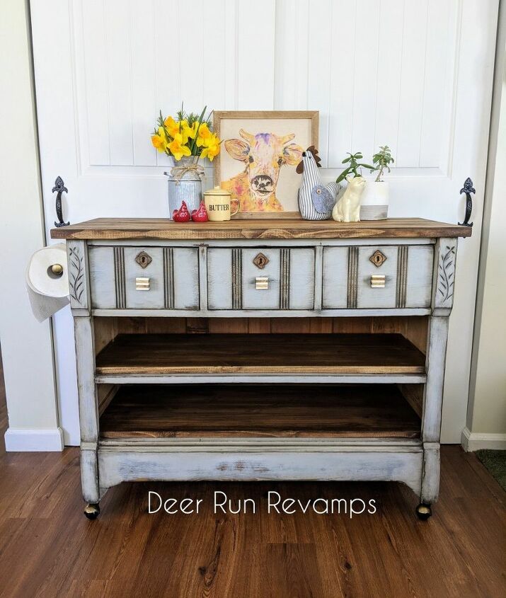 how to turn an old dresser into a kitchen island storage piece