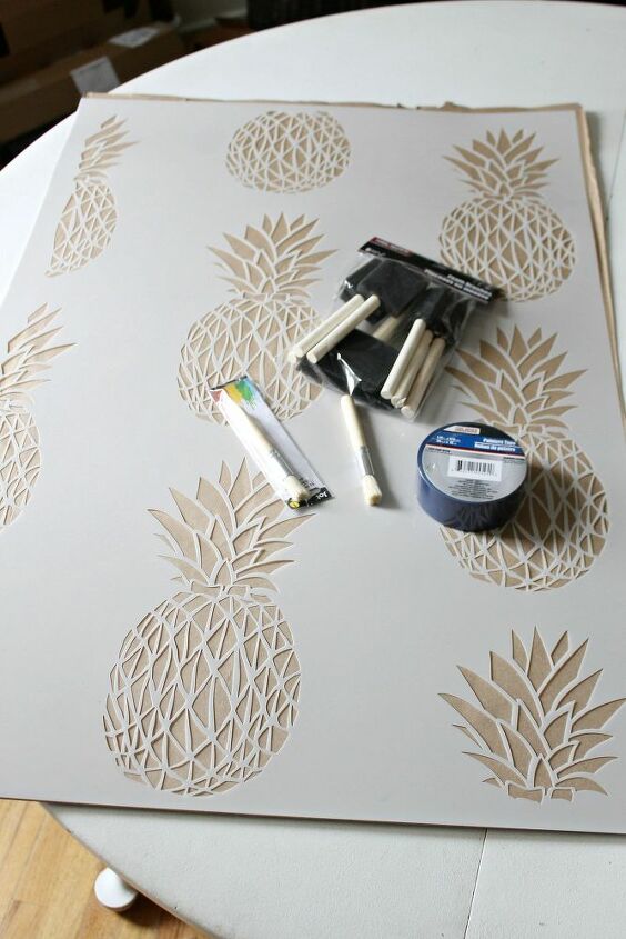 hallway gallery wall makeover using a pineapple stencil