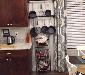 s 15 helpful kitchen organizing tricks you can do in under an hour, Curtain Rod Kitchen Pot Storage Solution
