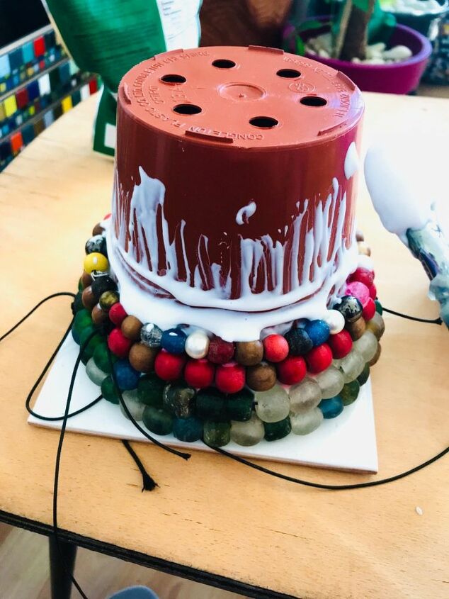 how to transform your plastic plant pots with beads, Glue beads onto plant pot