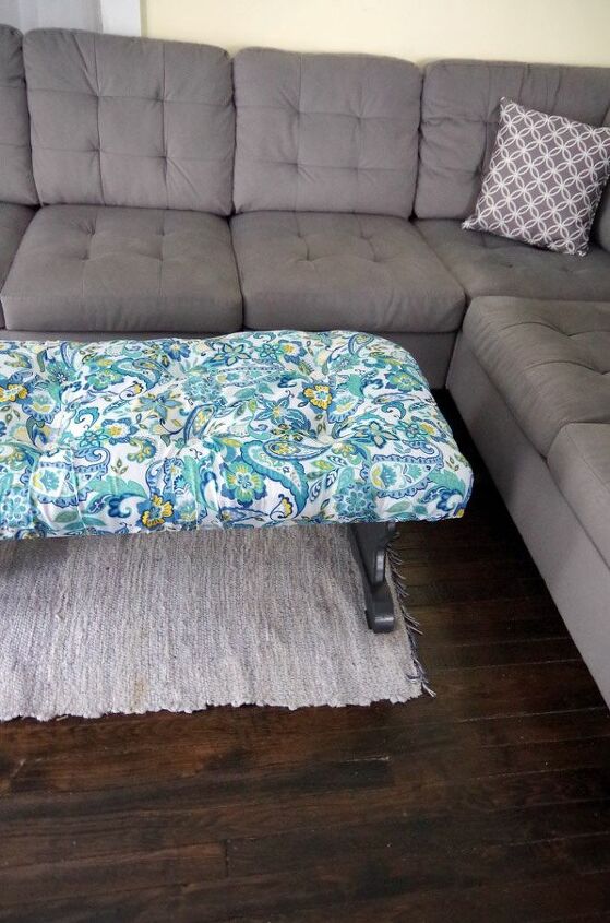 adding tufted upholstery to an old coffee table