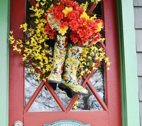 diy spring wreath with blooming wellies