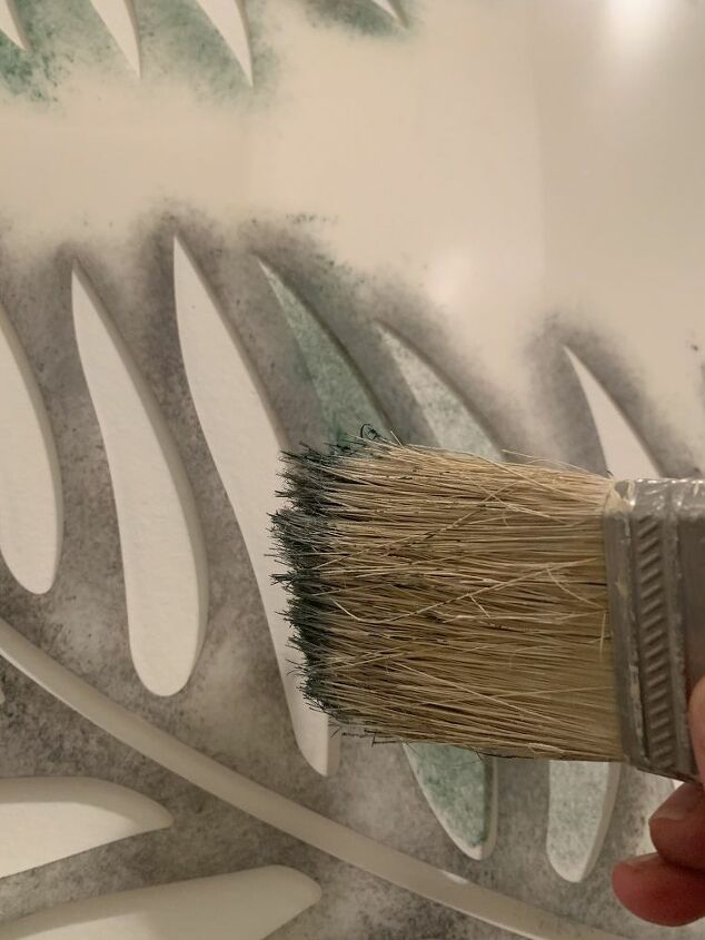 how to stencil a powder room wall with stencil revolution, Stenciling Palm Leaf Green