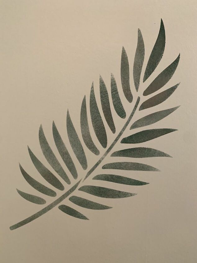 how to stencil a powder room wall with stencil revolution, Green Painted Palm Leaf