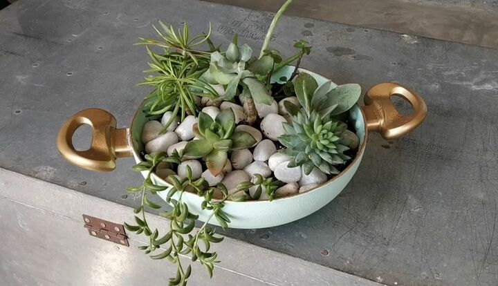 your guide to making a diy succulent planter from an old frying pan, Easy Upcycled Succulent Planter