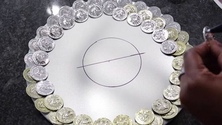 how to create a stunning decorative wall mirror for less than 10, Attach Faux Coins to the Pan