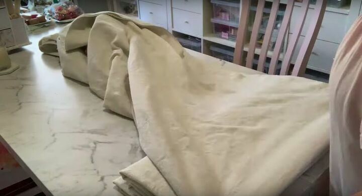 how to make a quick and easy no sew bed skirt from drop cloth, Drop cloth