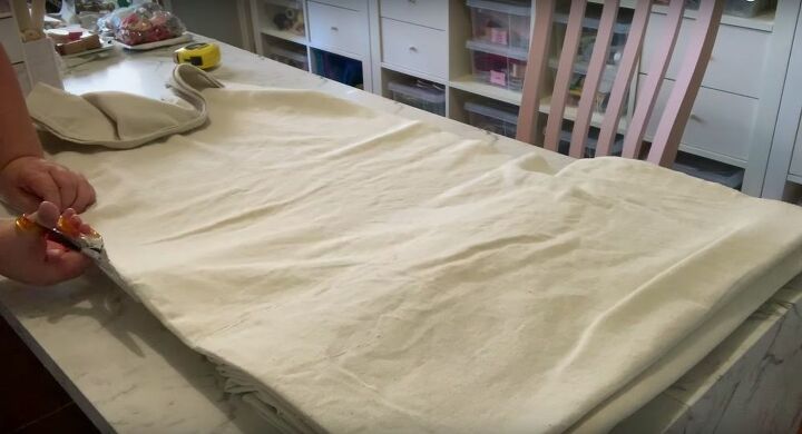 how to make a quick and easy no sew bed skirt from drop cloth, Cut the Drop Cloth