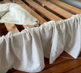 how to make a quick and easy no sew bed skirt from drop cloth, Attach the Bed Skirt