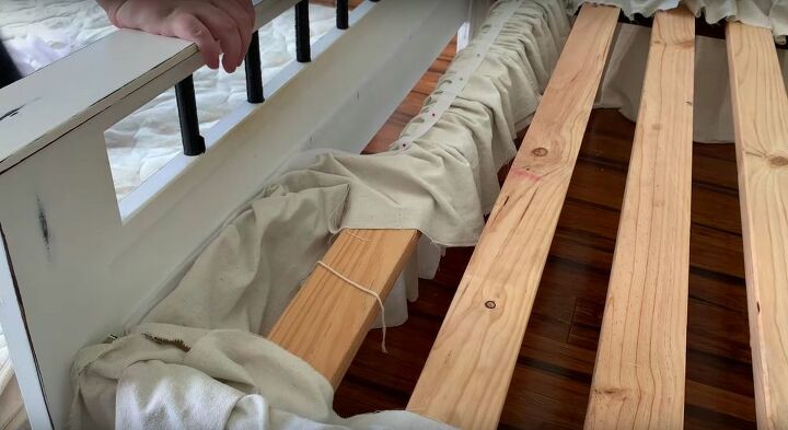 how to make a quick and easy no sew bed skirt from drop cloth, Attach