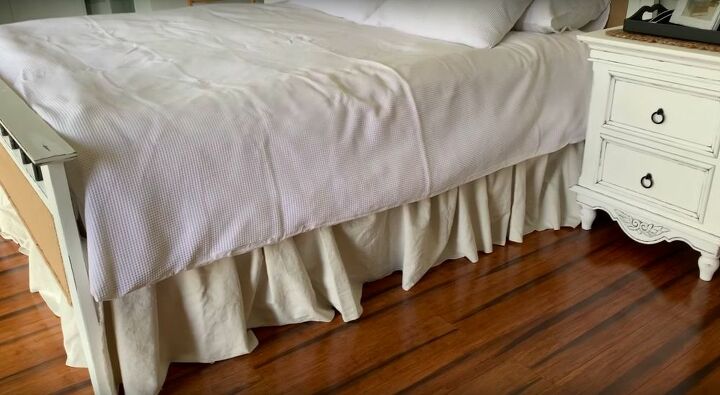 how to make a quick and easy no sew bed skirt from drop cloth, DIY No Sew Bed Skirt
