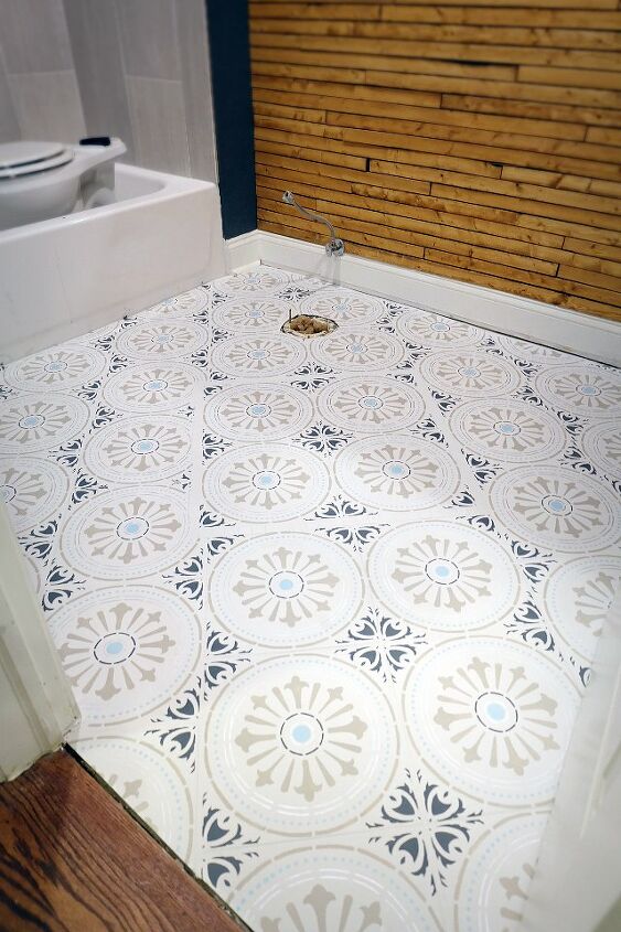12 creative bathroom floor upgrades you can do without a full reno, Stencil onto ceramic tile