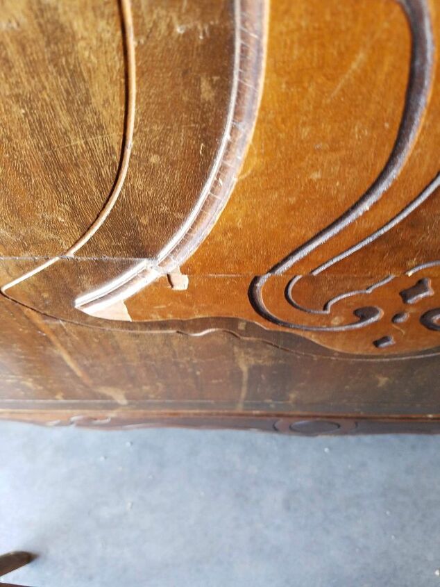 how to bring a neglected vintage dresser back to life, Slight damage on a drawer front