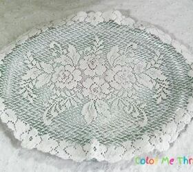 tray makeover with spray paint and doily