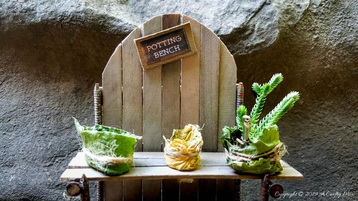 banco de macetas en miniatura para tu jardin de hadas