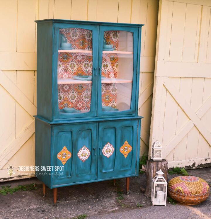 11 painted hutches that are so much more beautiful now, Apply paper embelishments for mid century modern look