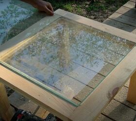 recycle old wood into a chic wood and glass coffee table, Cut the Glass