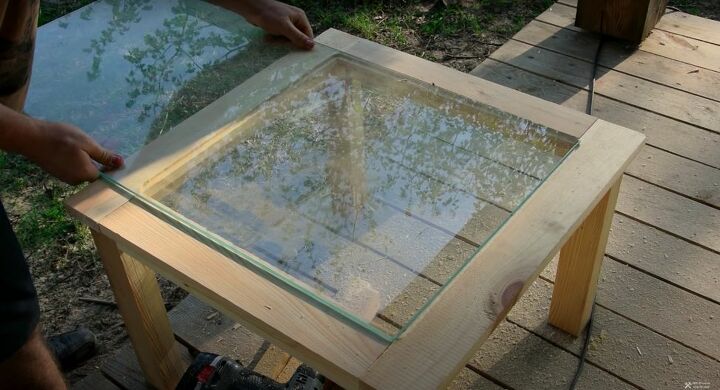 recycle old wood into a chic wood and glass coffee table, Cut the Glass