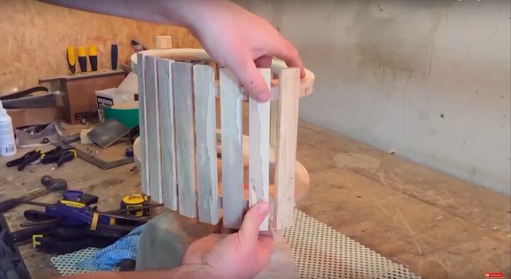 diy solid wood lamp with a wooden shade, Continue Gluing Slats