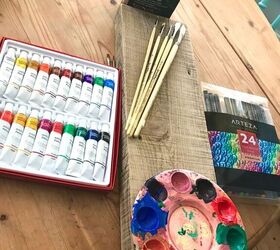 how to make some colourful yard art with a plank of wood, Paints and brushes