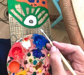 how to make some colourful yard art with a plank of wood, Painting the design