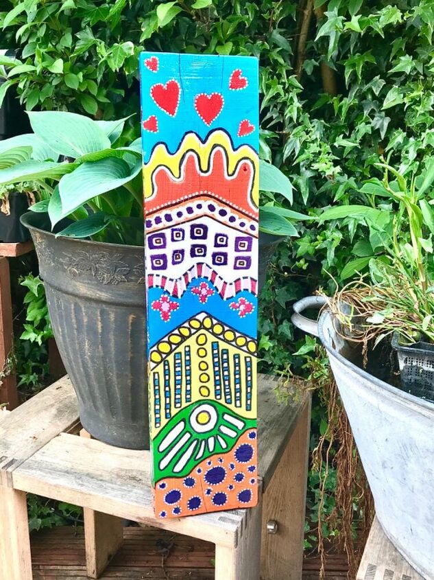 como fazer uma arte de jardim colorida com uma placa de madeira, arte no quintal