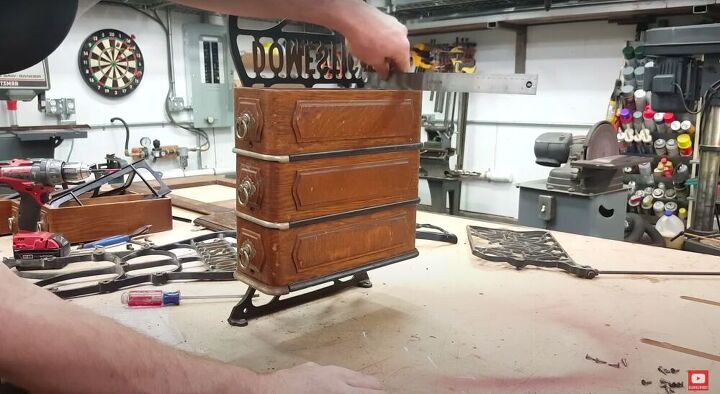 upcycled cast iron apothecary cabinet from a treadle machine, Cut the Cast Iron