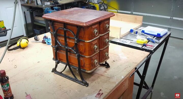 upcycled cast iron apothecary cabinet from a treadle machine, Upcycled Sewing Table