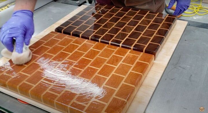 how to create a stunning brick wall end grain cutting board, Add a Lot of Oil