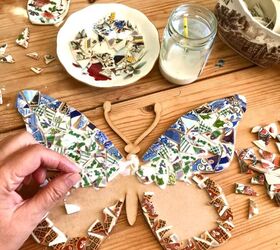 how to transform broken crockery into a beautiful piece of yard art, Filling in with broken china