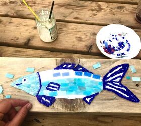how to create a piece of art from a plank of wood and some glass tiles, Adding tiles