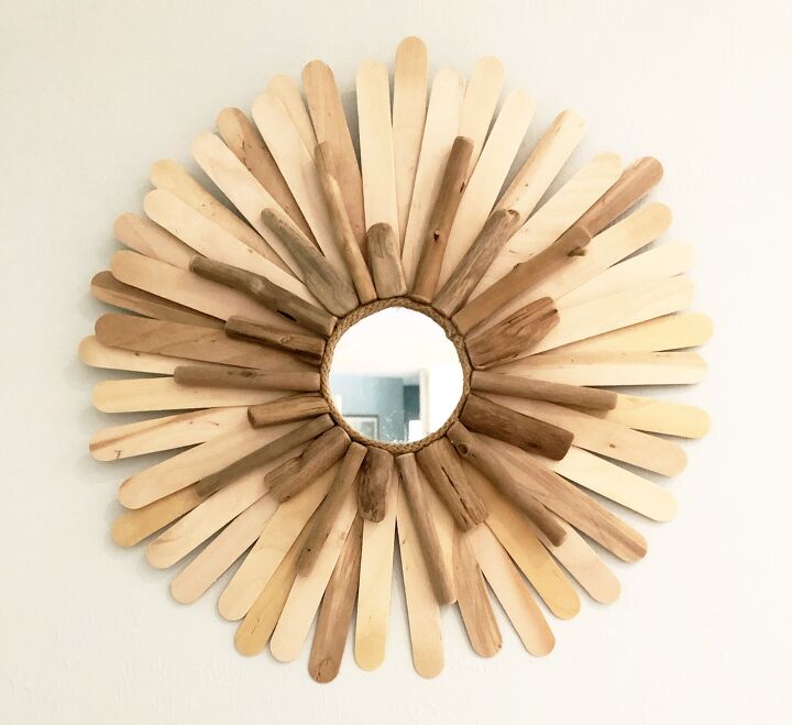 s 10 clever ways you can update your home decor without spending a dime, Craft a sunburst mirror with paint sticks driftwood