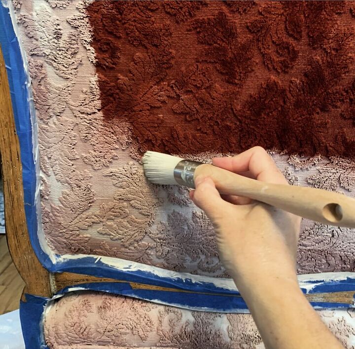 how to paint chair upholstery fabric, Start painting the back of the piece
