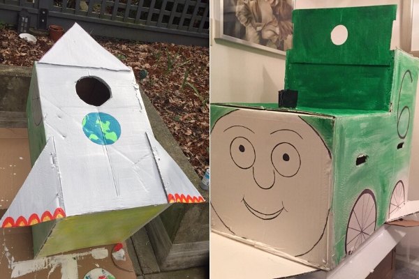 duas casas de papelo de uma caixa reciclada trem e foguete